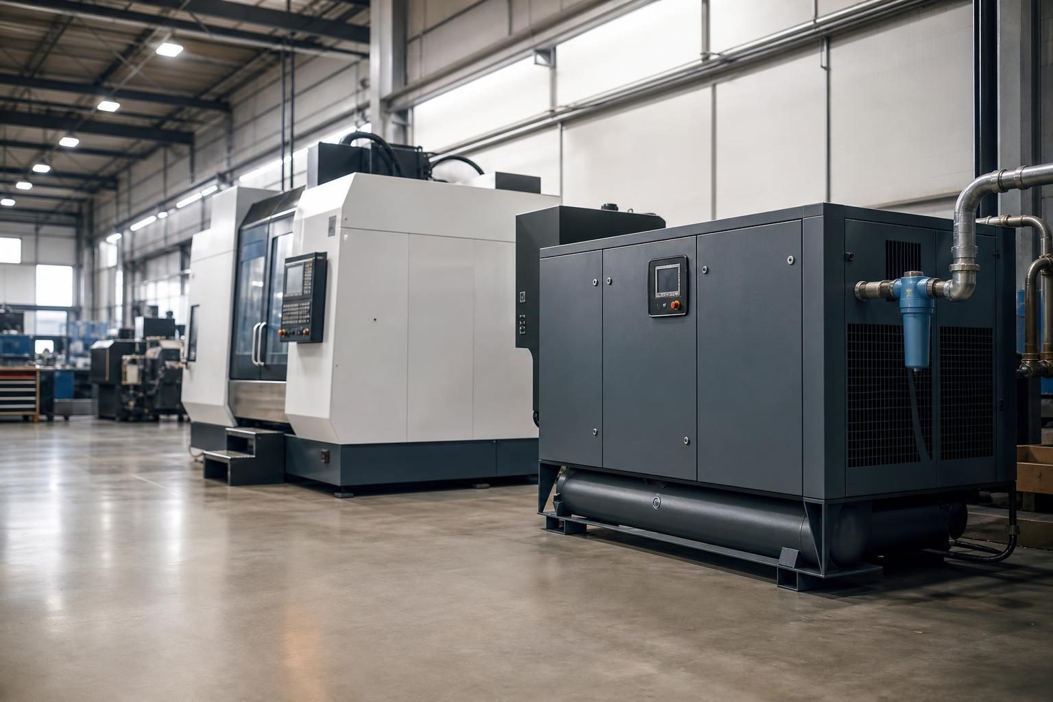 Used rotary screw air compressor at a commercial worksite, illustrating air compressor financing used: what to expect