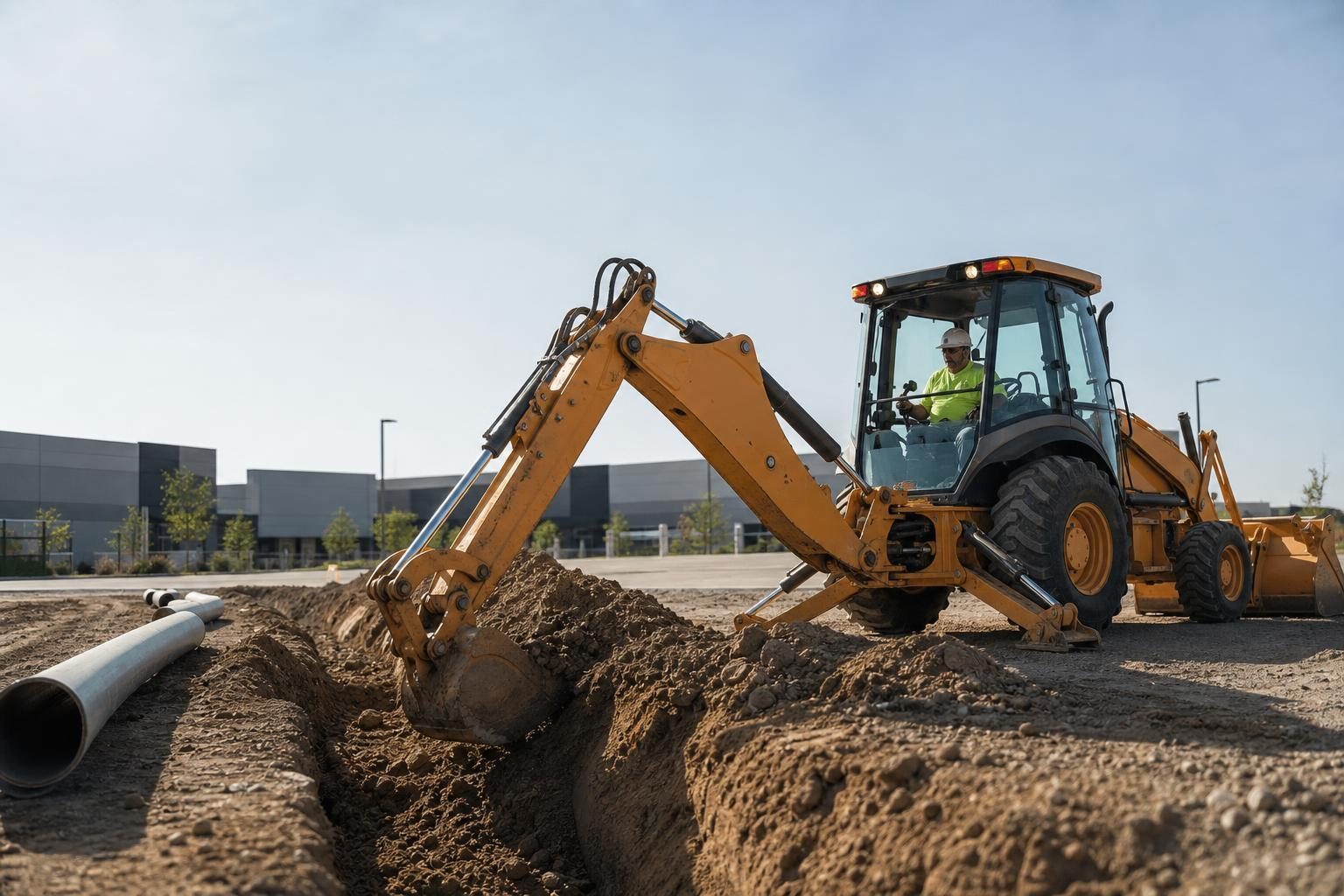 Backhoe loader at a commercial worksite, illustrating backhoes financing for small business: what to expect