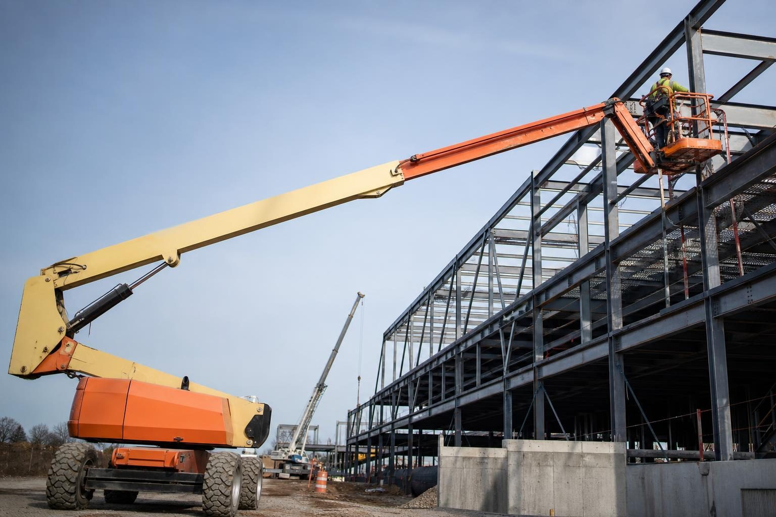 Articulating boom lift at a commercial worksite, illustrating boom lifts financing bad credit: what to expect