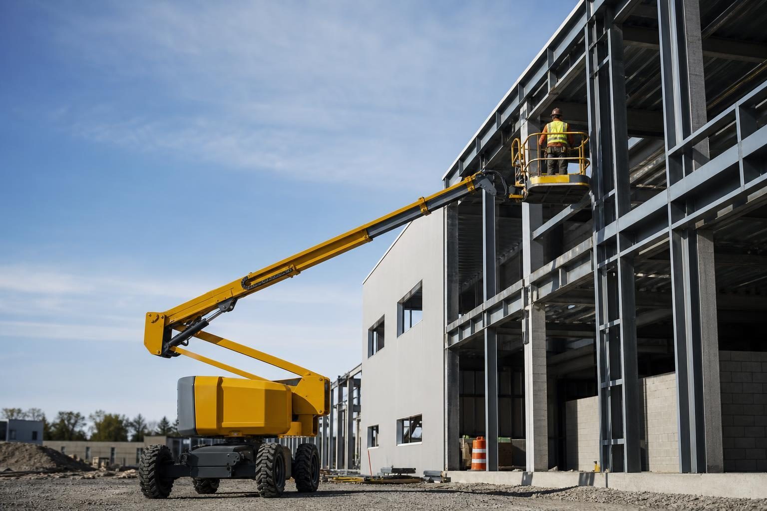 Articulating boom lift at a commercial worksite, illustrating boom lifts financing for small business: what to expect