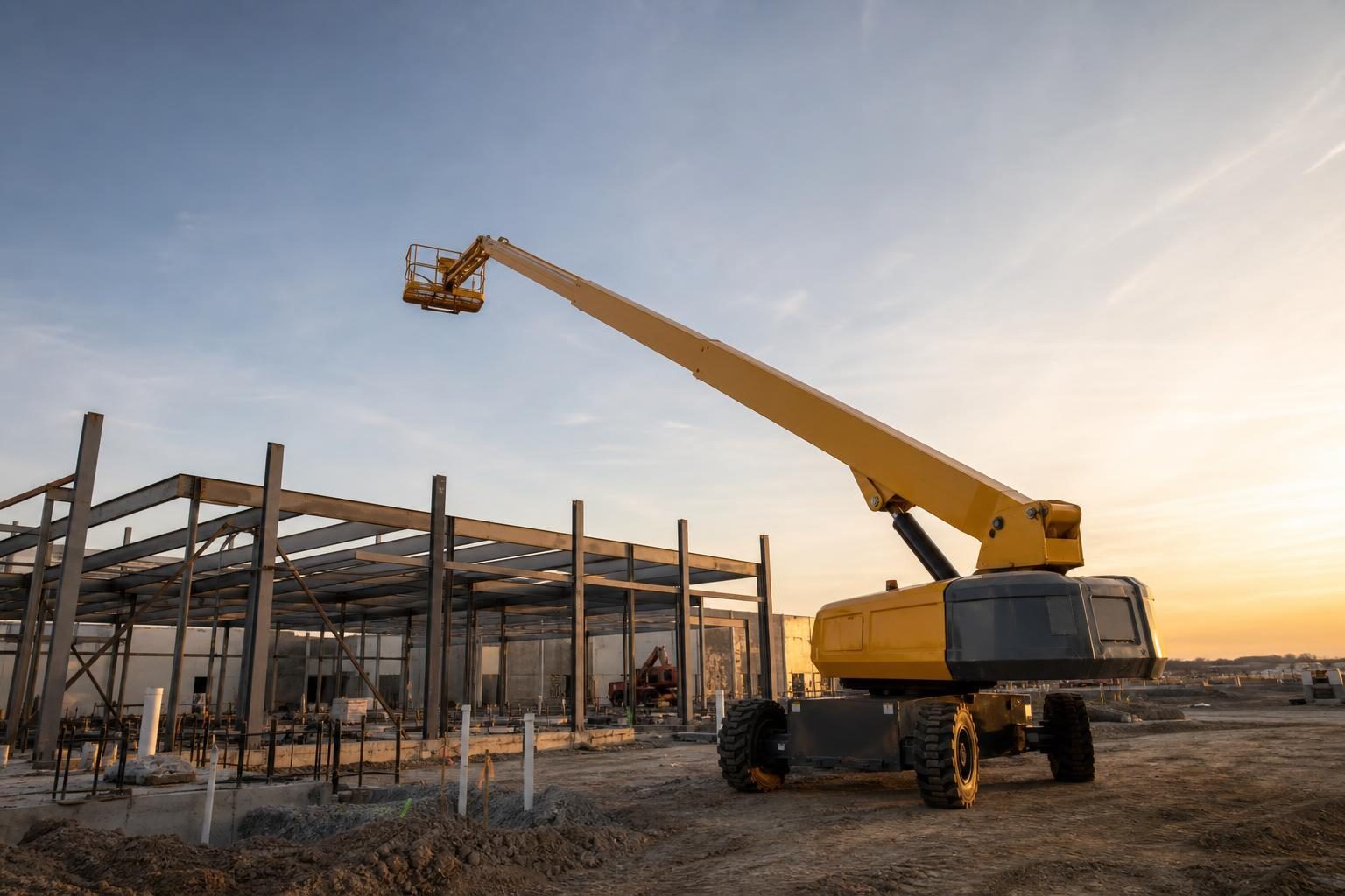 Articulating boom lift at a commercial worksite, illustrating boom lifts financing no money down: what to expect