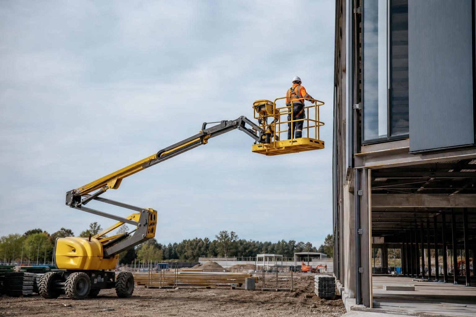 Articulating boom lift at a commercial worksite, illustrating boom lifts financing rates: what to expect