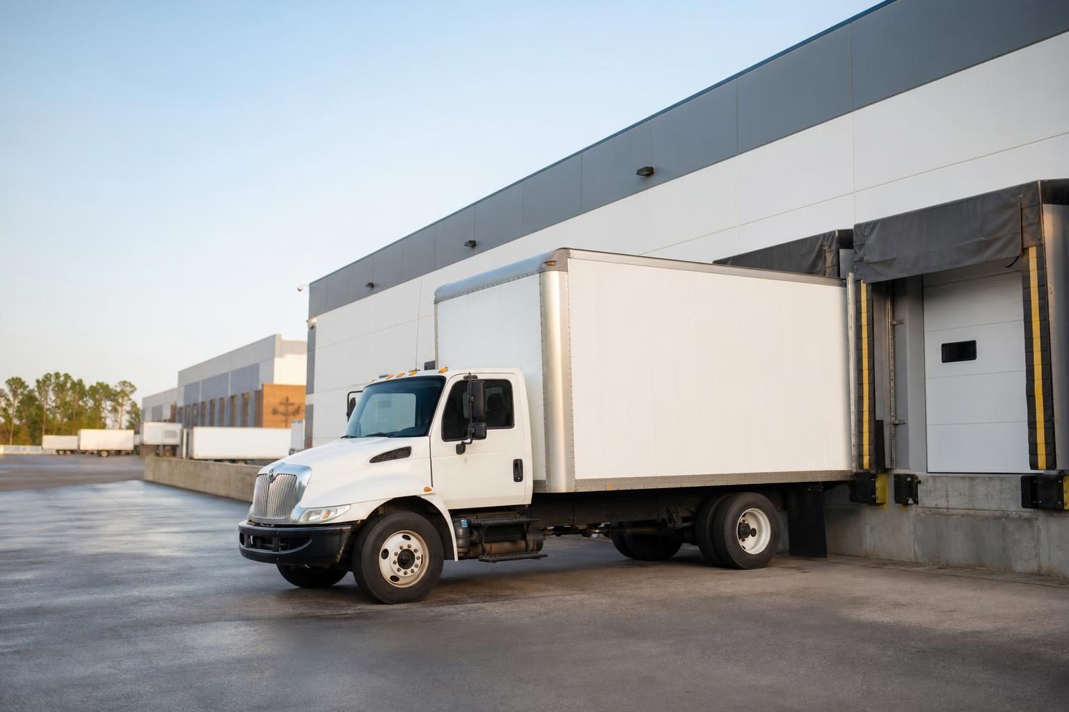 Box trucks at a commercial worksite, illustrating box trucks financing qualify for: what to expect