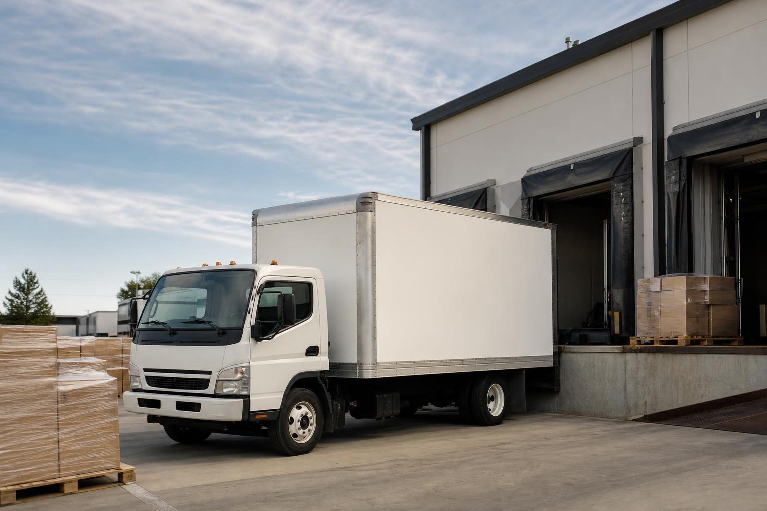Box trucks at a commercial worksite, illustrating box trucks financing rates: what to expect