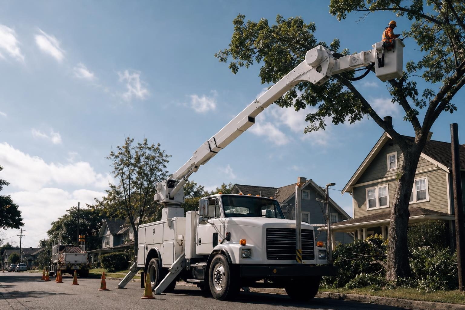 Bucket truck at a commercial worksite, illustrating bucket trucks financing bad credit: what to expect
