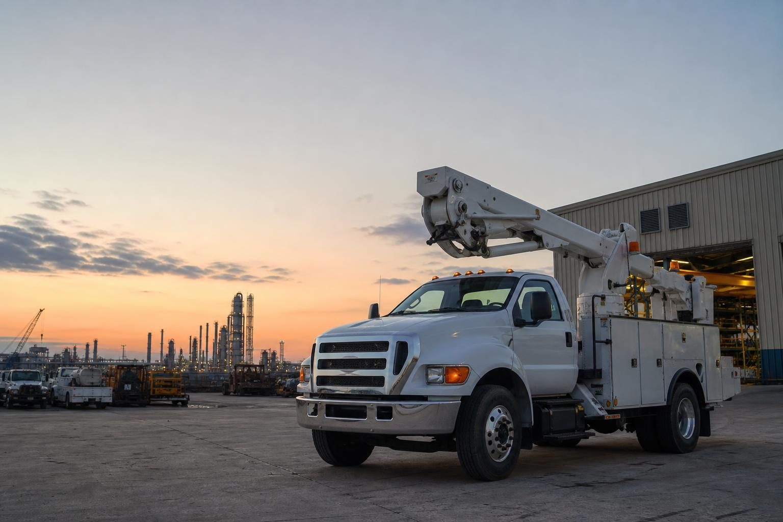 Bucket truck at a commercial worksite, illustrating bucket trucks financing in houston