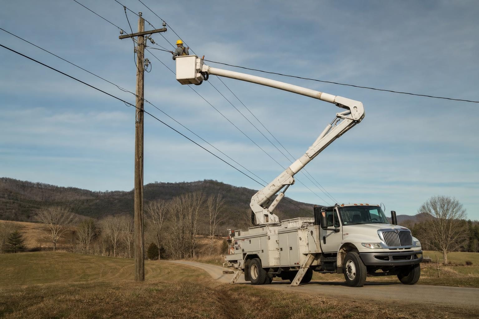 Bucket truck at a commercial worksite, illustrating bucket trucks financing in north carolina