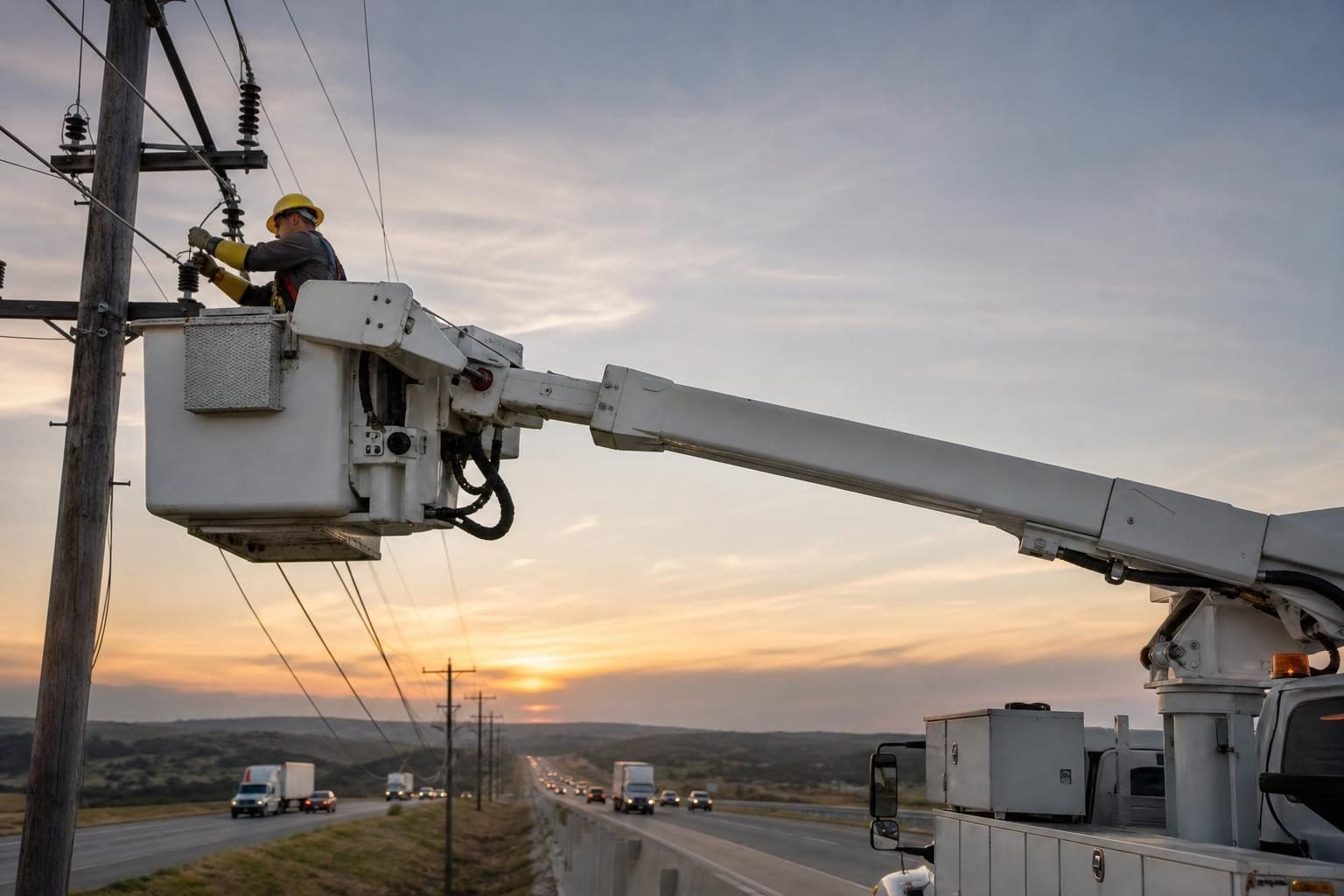 Bucket truck at a commercial worksite, illustrating bucket trucks financing in texas