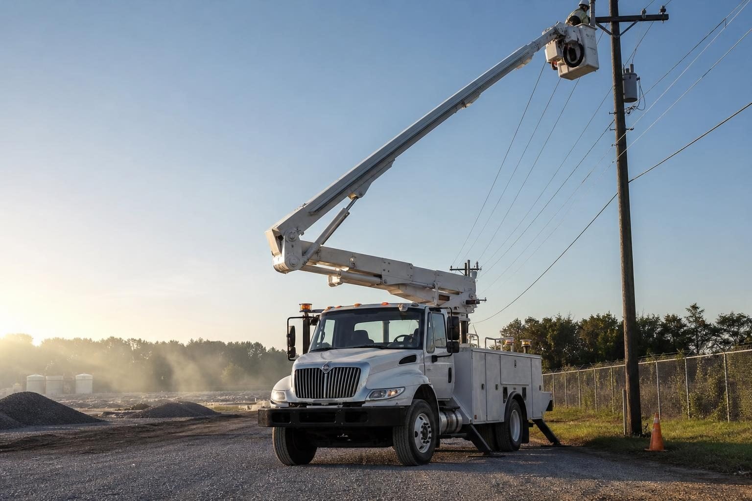 Bucket truck at a commercial worksite, illustrating bucket trucks financing qualify for: what to expect