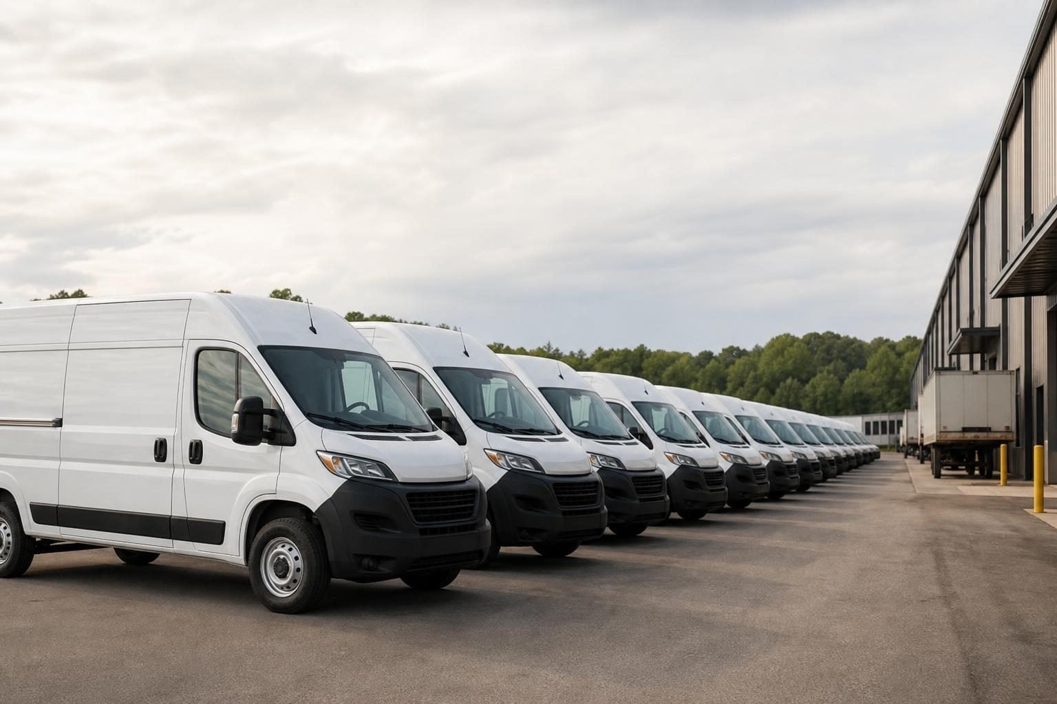 Cargo vans at a commercial worksite, illustrating cargo vans financing in georgia