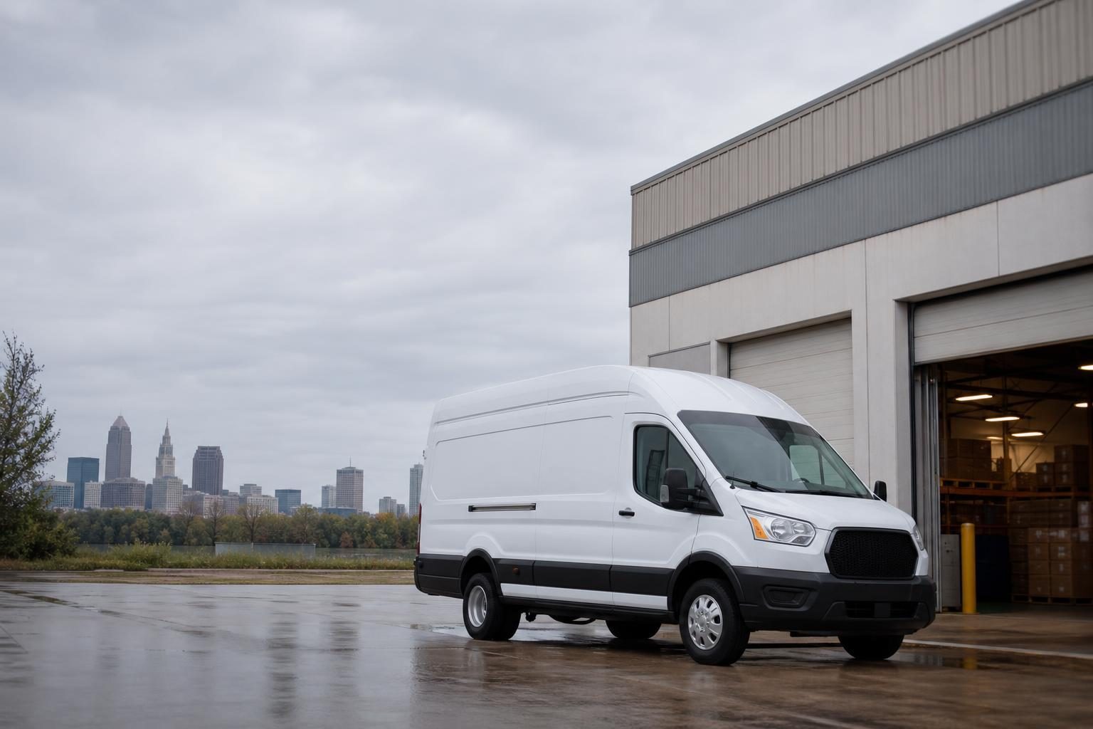 Cargo van at a commercial worksite, illustrating cargo vans financing in ohio