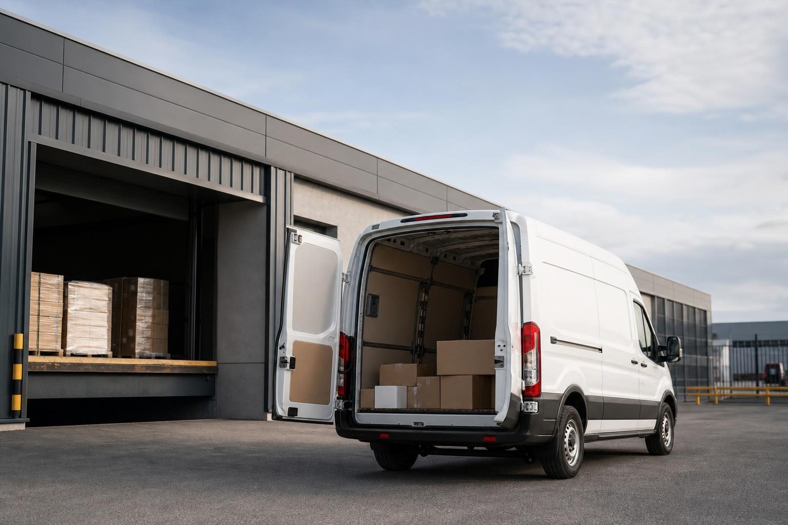 Cargo van at a commercial worksite, illustrating cargo vans financing no money down: what to expect