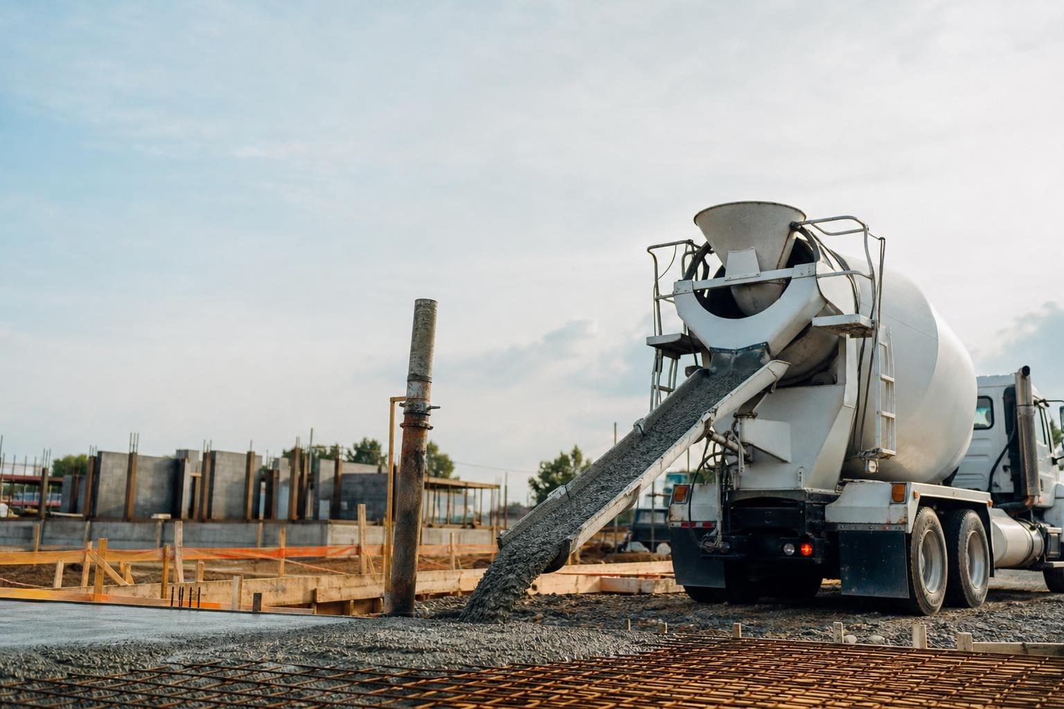 Concrete mixer at a commercial worksite, illustrating concrete mixer financing with no down payment: what to expect
