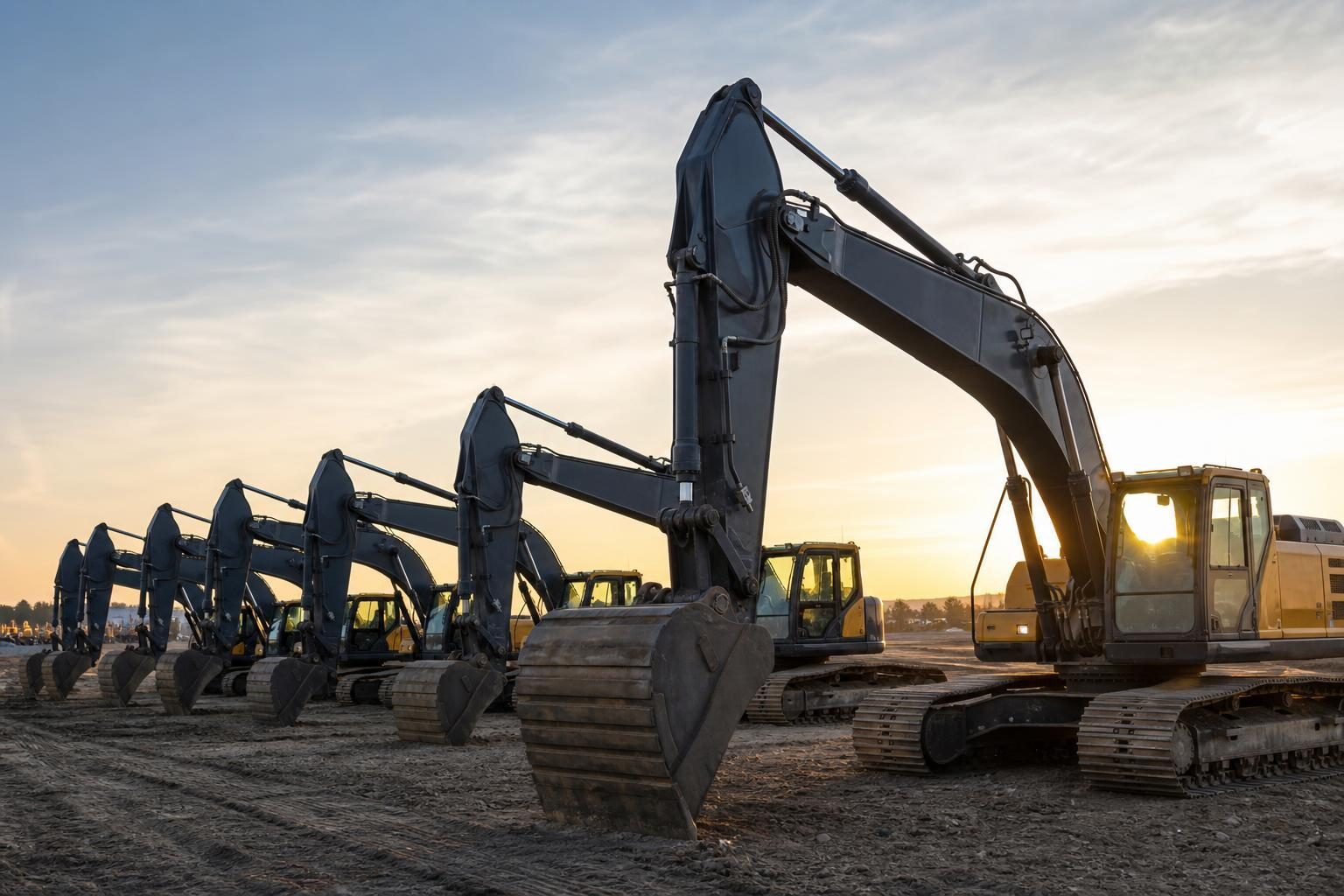 Excavators at a commercial worksite, illustrating construction equipment financing requirements