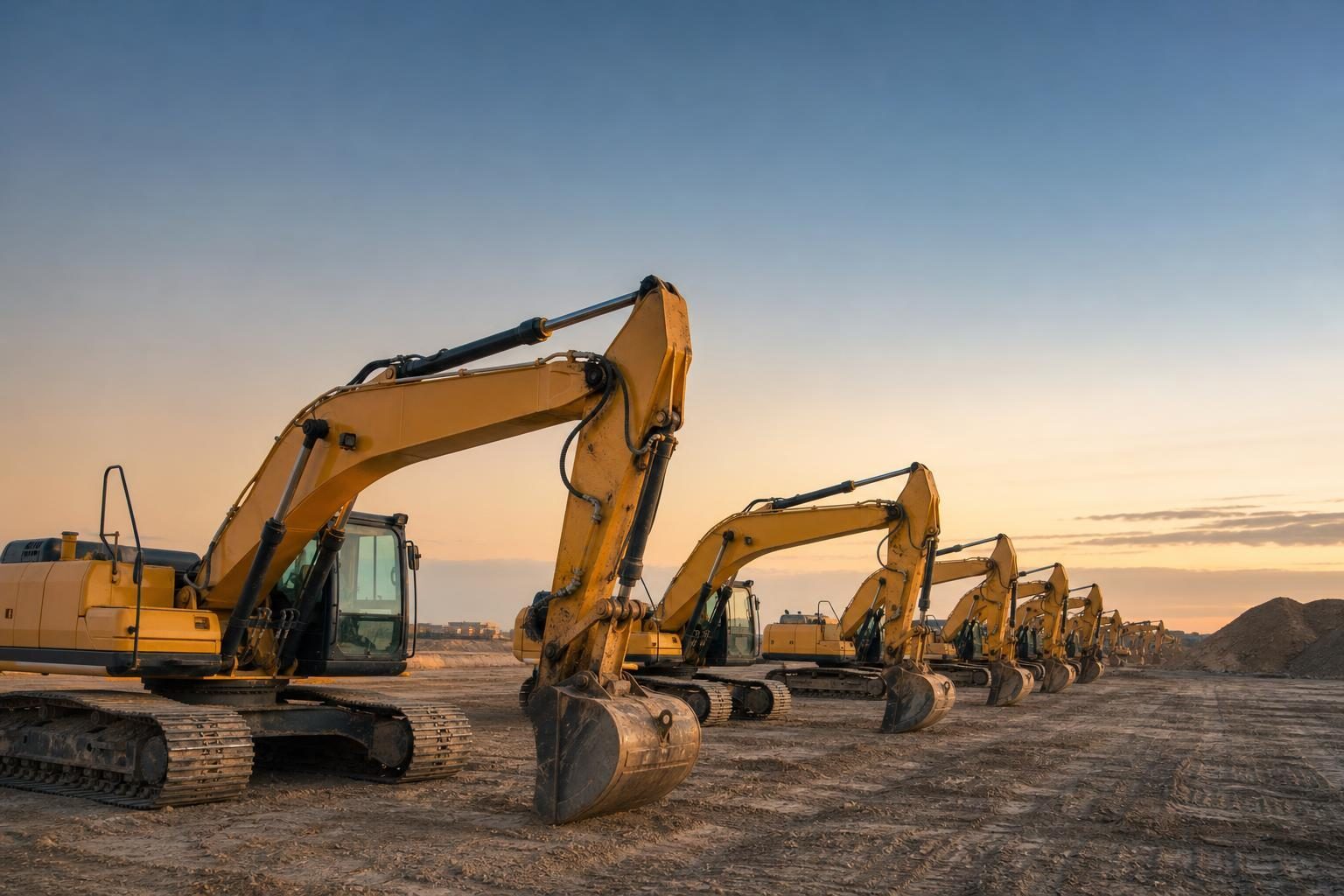 Excavators at a commercial worksite, illustrating construction equipment financing terms