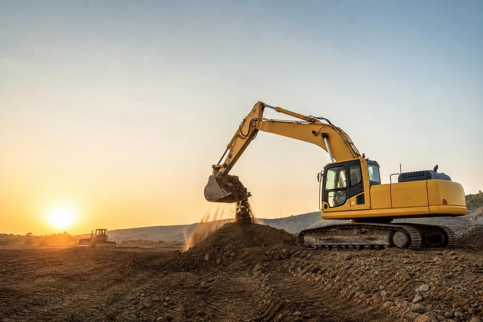 Excavator at a commercial worksite, illustrating construction equipment financing with no down payment