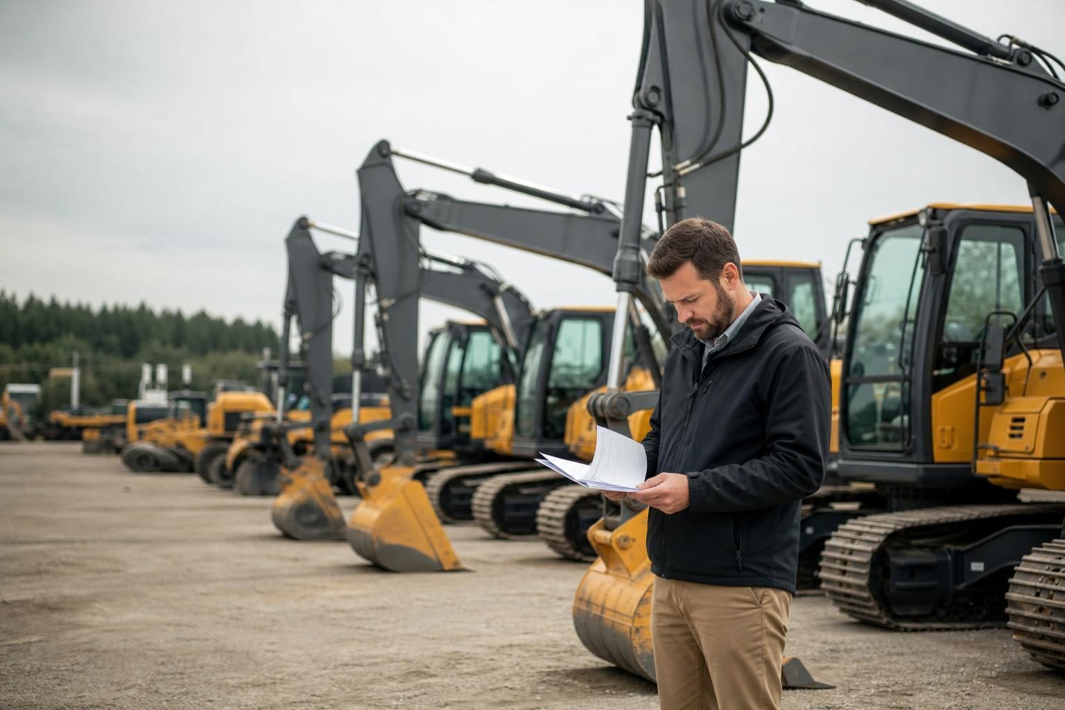 Excavator and lending documents at a commercial worksite, illustrating dealer financing vs independent lender: which is right for your business?