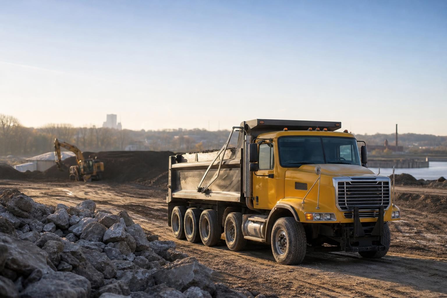 Dump truck at a commercial worksite, illustrating dump truck financing in ohio