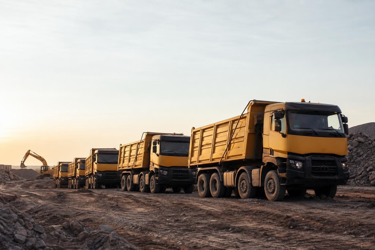 Dump trucks at a commercial worksite, illustrating dump trucks financing for small business: what to expect