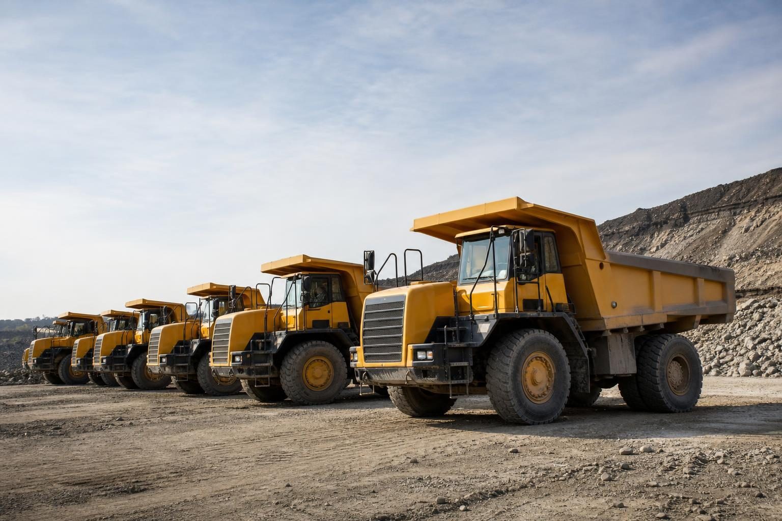 Dump trucks at a commercial worksite, illustrating dump trucks financing how to get: what to expect