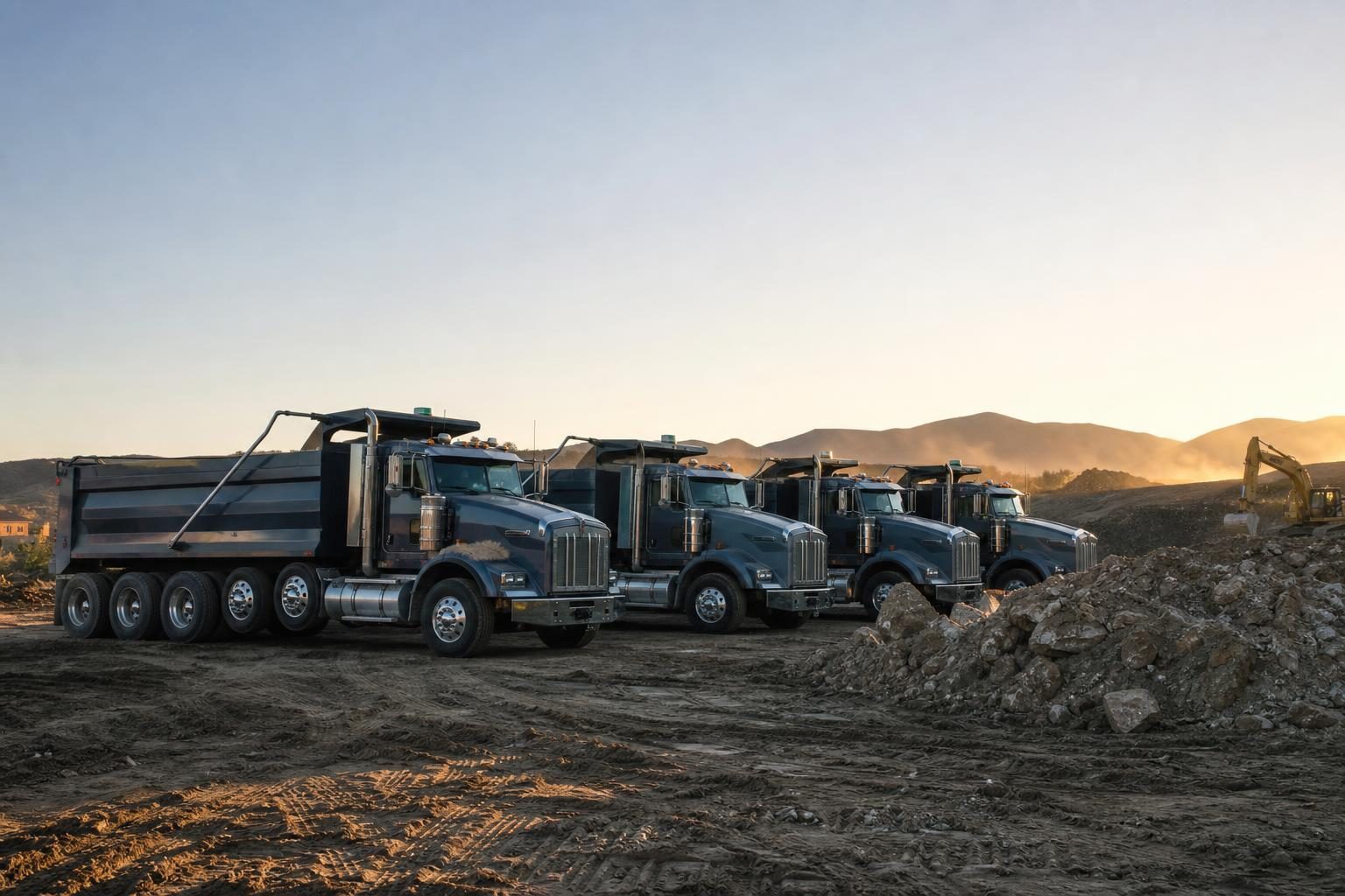 Dump trucks at a commercial worksite, illustrating dump trucks financing in california