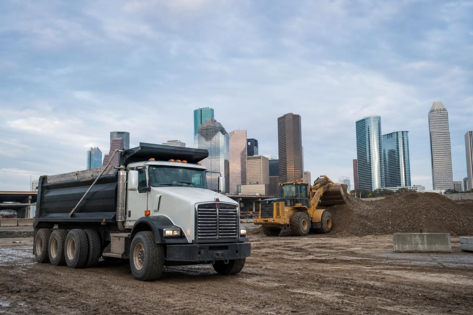 Dump truck at a commercial worksite, illustrating dump trucks financing in houston