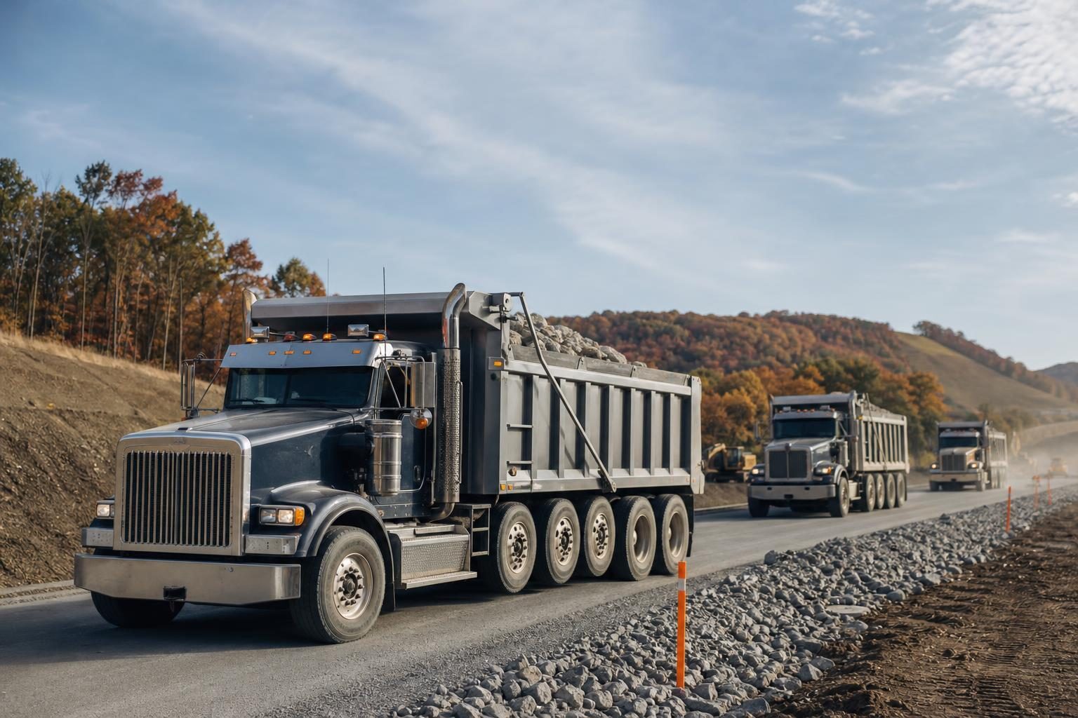 Dump trucks at a commercial worksite, illustrating dump trucks financing in pennsylvania