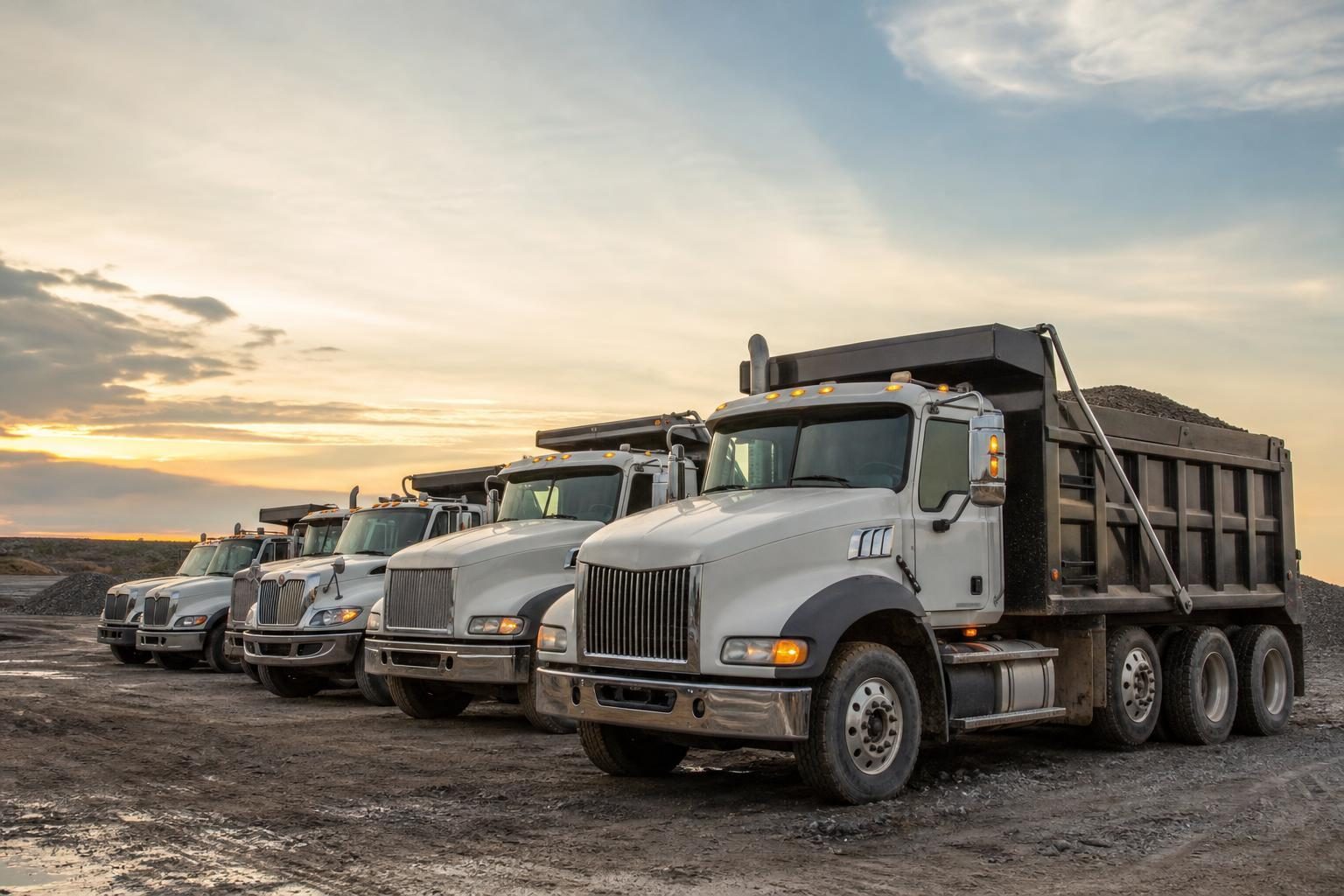 Dump trucks at a commercial worksite, illustrating dump trucks financing requirements: what to expect