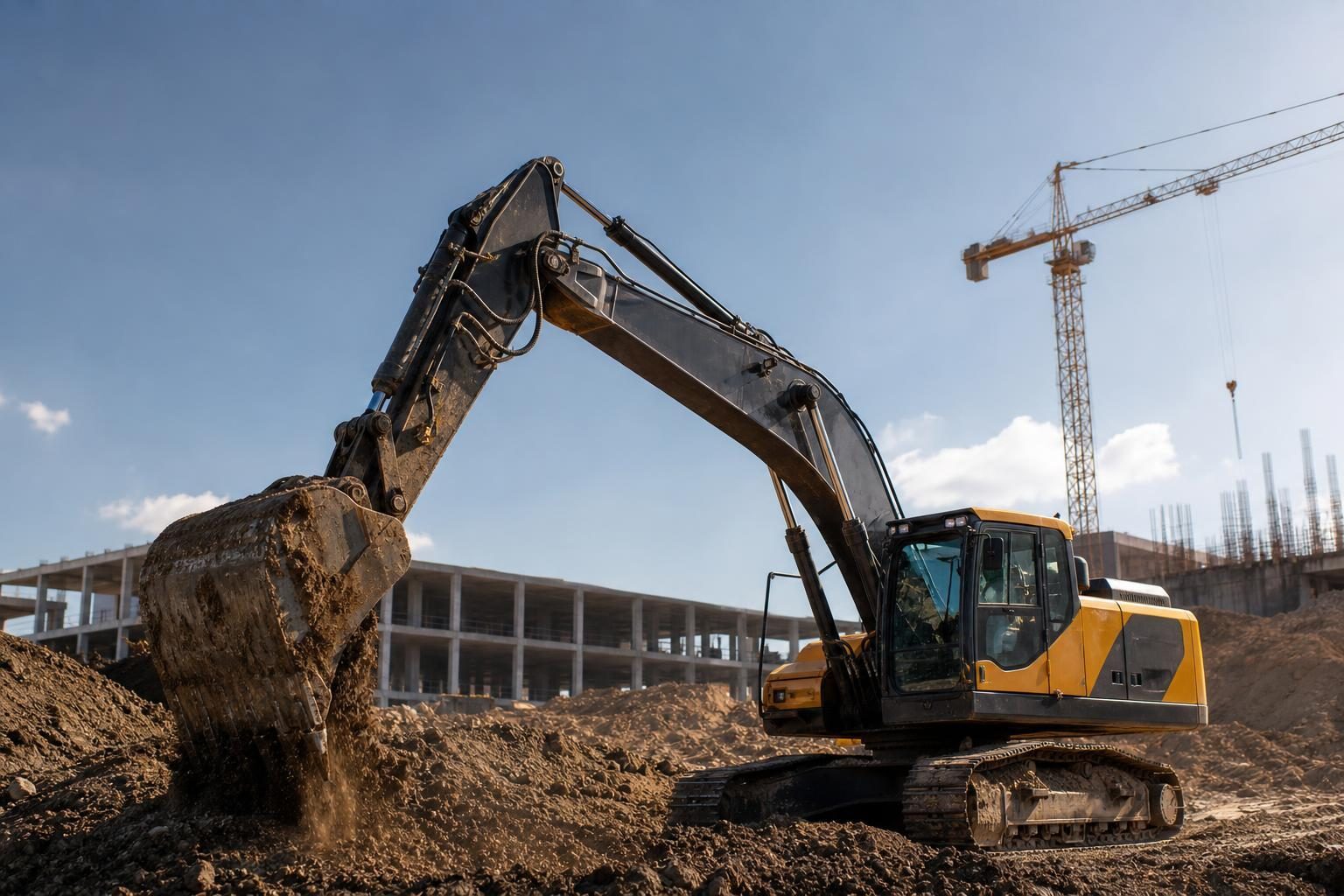 Excavators at a commercial worksite, illustrating excavators financing rates: what to expect