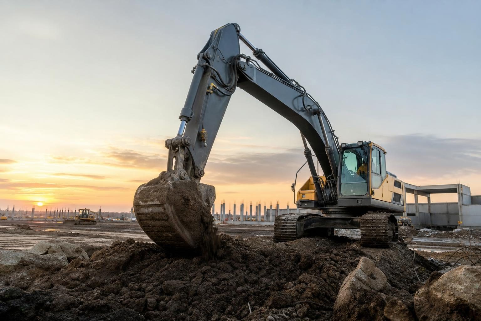 Excavators at a commercial worksite, illustrating excavators financing with no down payment: what to expect