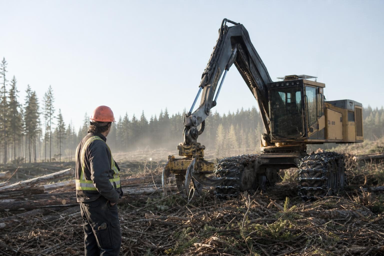 Feller buncher at a commercial worksite, illustrating forestry logging equipment financing cost