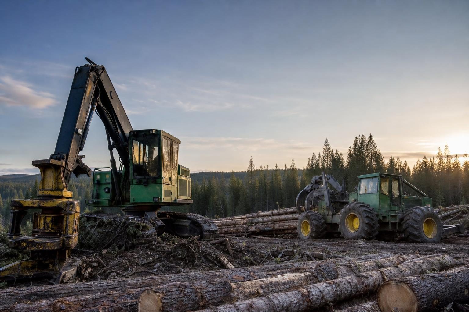 Used forestry equipment at a commercial worksite, illustrating forestry logging equipment financing used