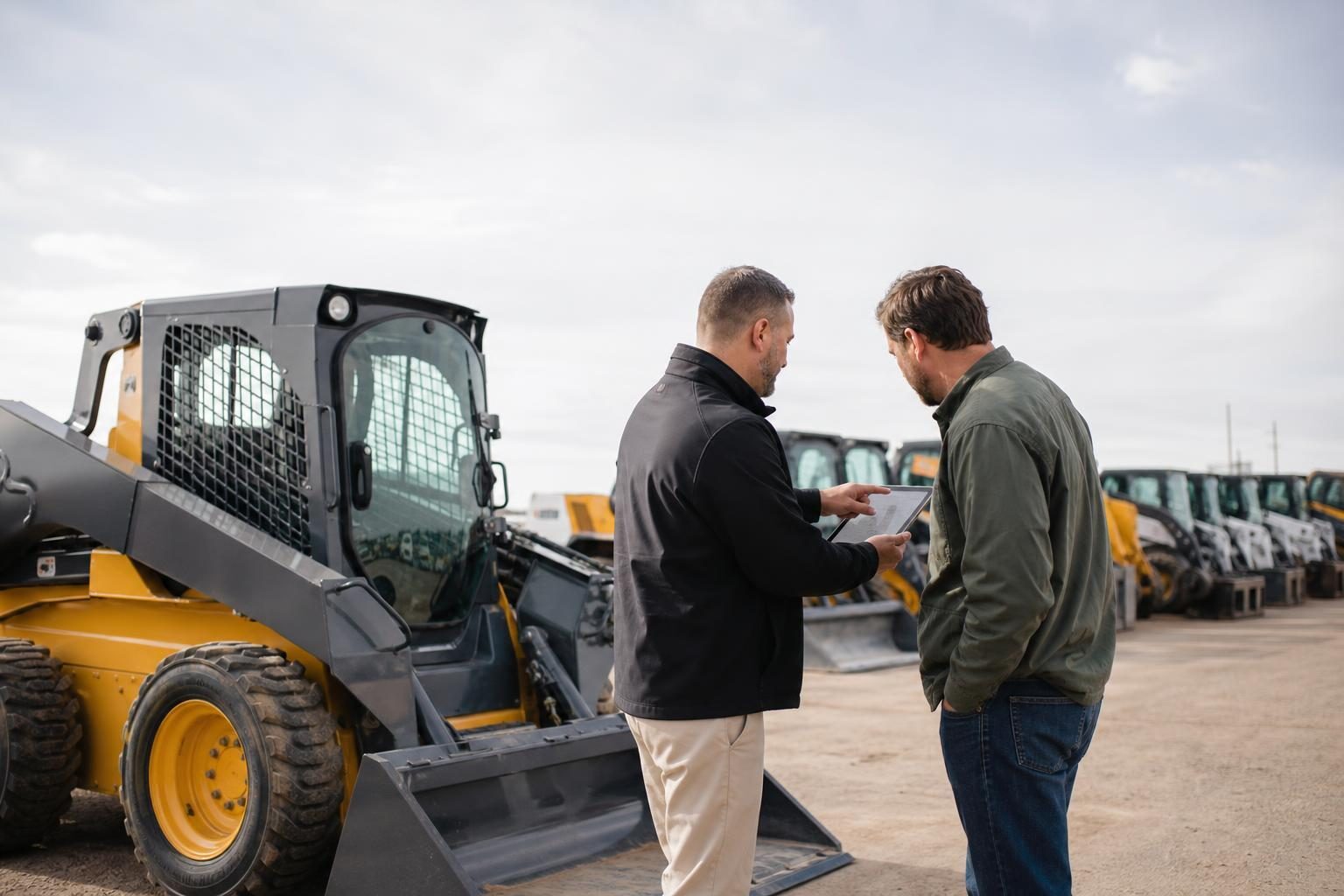 Vendor financing consultation at a commercial worksite, illustrating how to offer financing to customers: a vendor's guide to closing more equipment sales