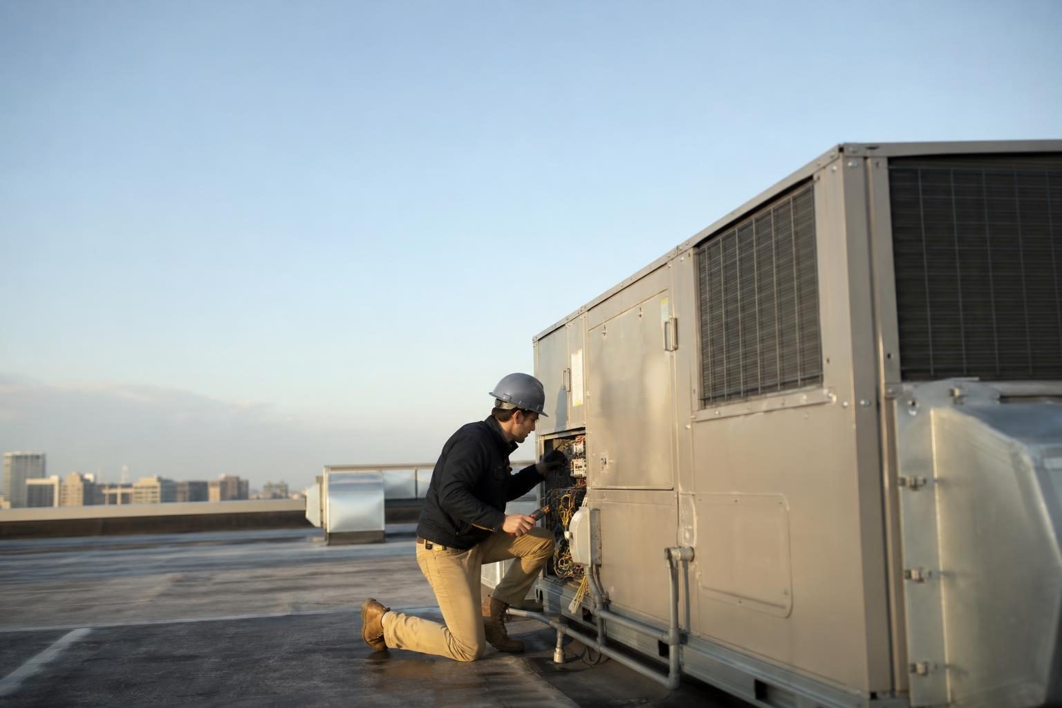 Commercial hvac rooftop unit at a commercial worksite, illustrating hvac equipment financing rates: what owner-operators actually pay