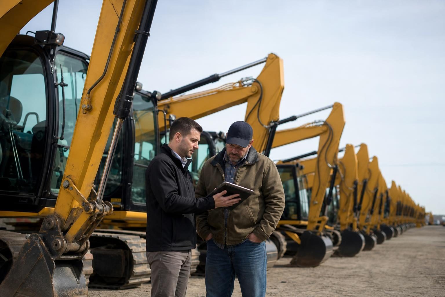 Construction equipment dealership at a commercial worksite, illustrating increasing dealer close rate with financing