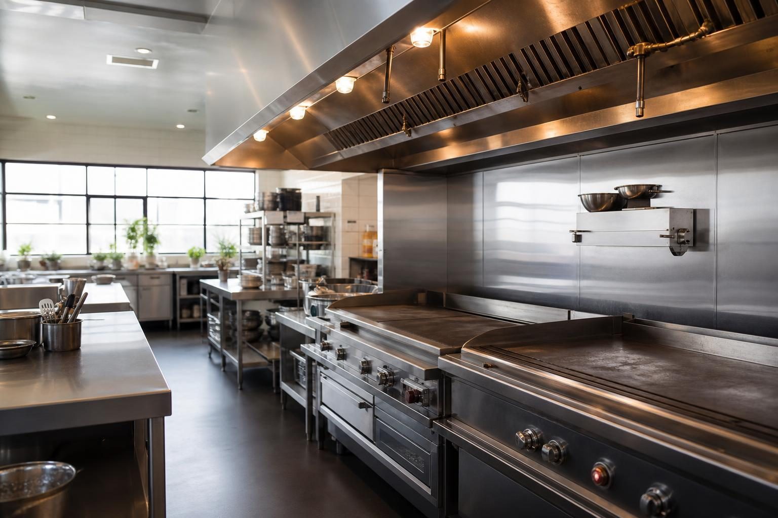Commercial kitchen equipment at a commercial worksite, illustrating restaurant food service equipment financing bad credit
