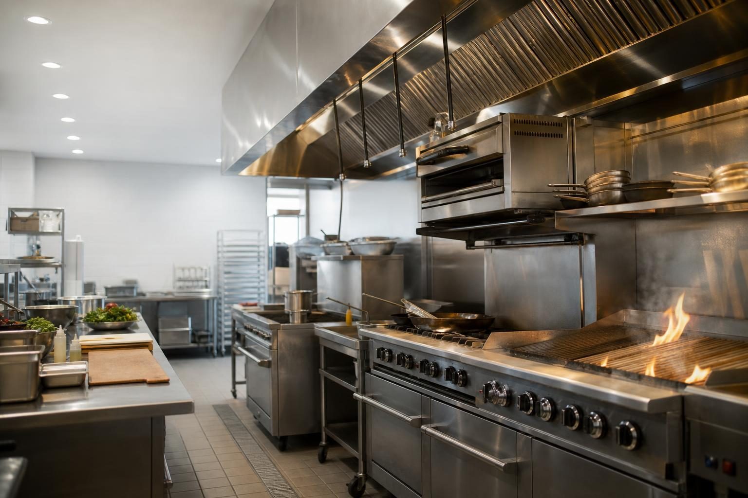 Commercial kitchen equipment at a commercial worksite, illustrating restaurant food service equipment financing for small business