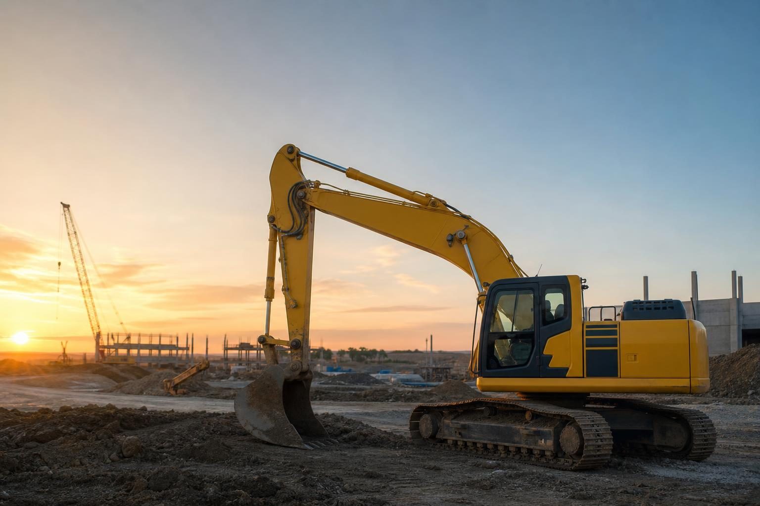 Construction equipment at a commercial worksite, illustrating same day equipment financing: complete guide