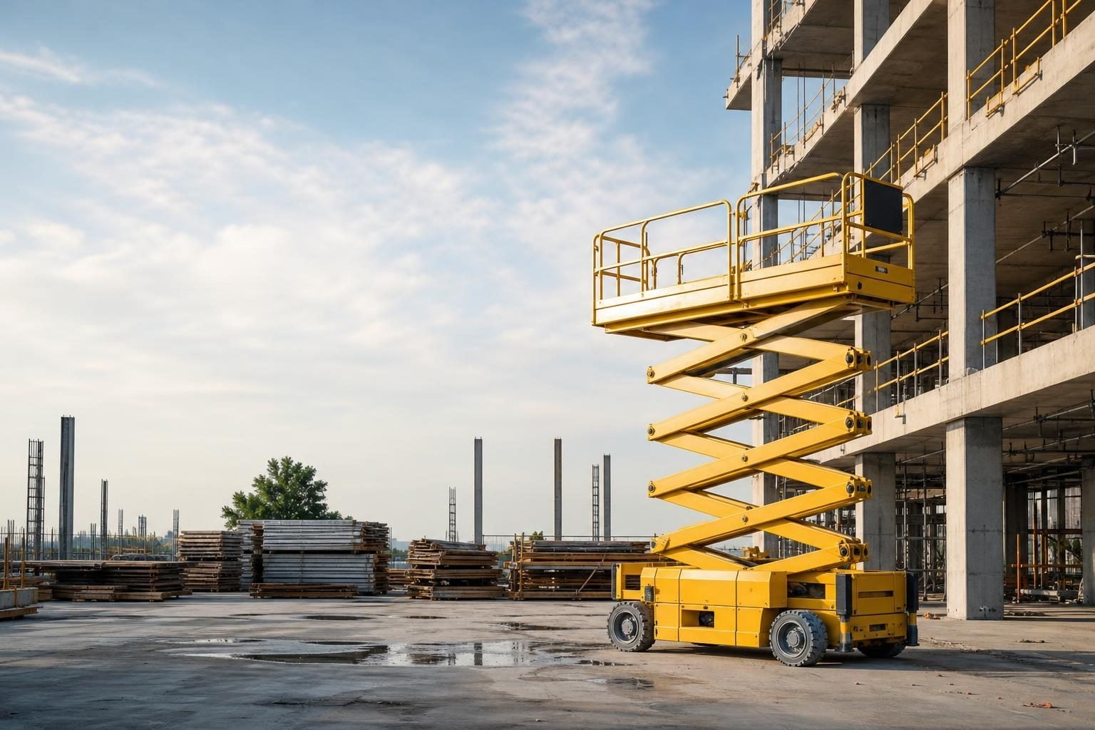 Scissor lift at a commercial worksite, illustrating scissor lifts financing cost: what to expect