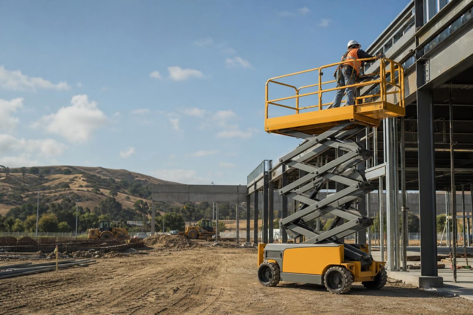 Scissor lift at a commercial worksite, illustrating scissor lifts financing in california