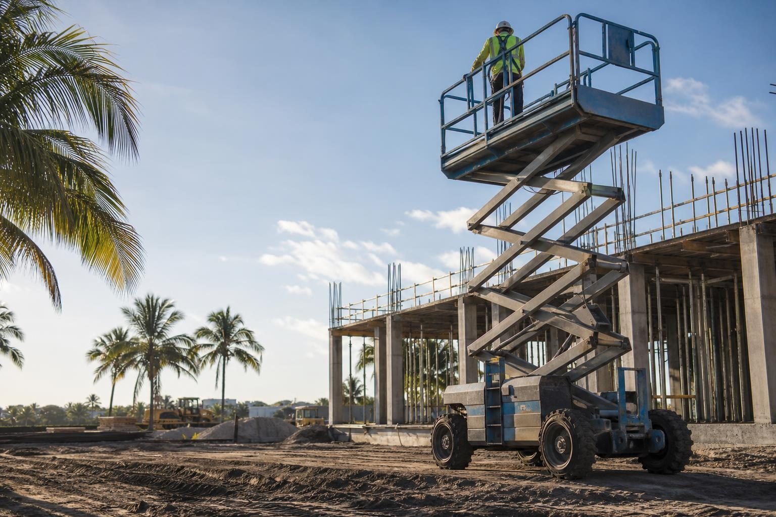 Scissor lift at a commercial worksite, illustrating scissor lifts financing in florida