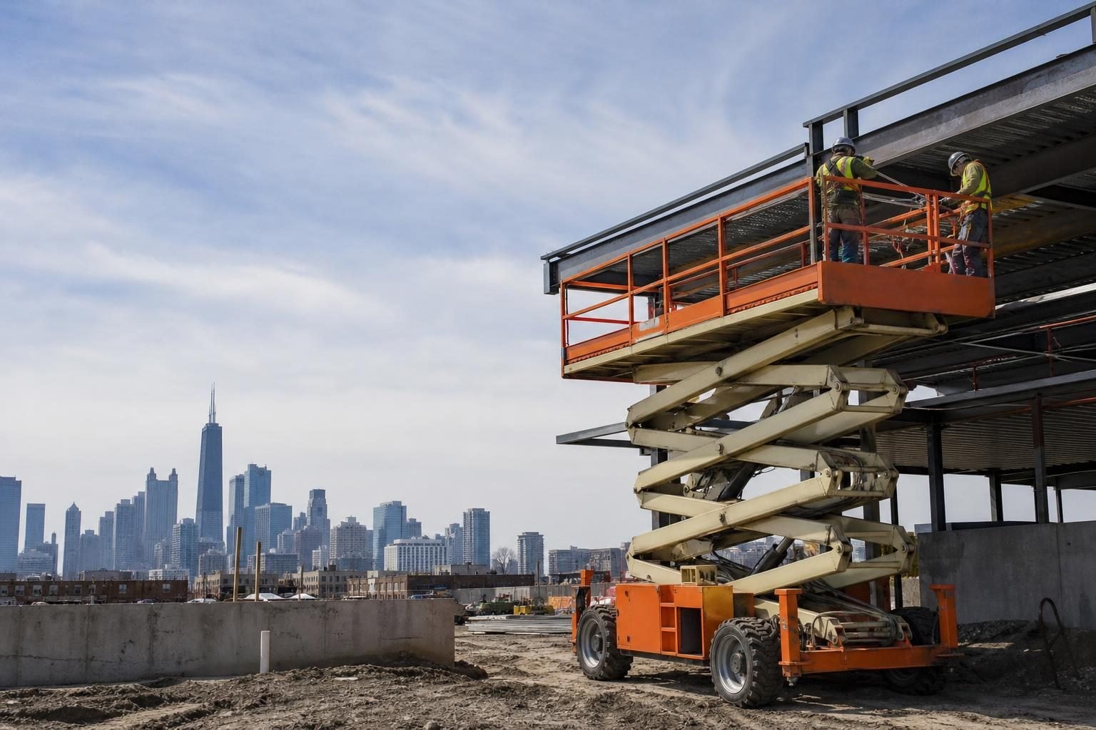 Scissor lifts at a commercial worksite, illustrating scissor lifts financing in illinois