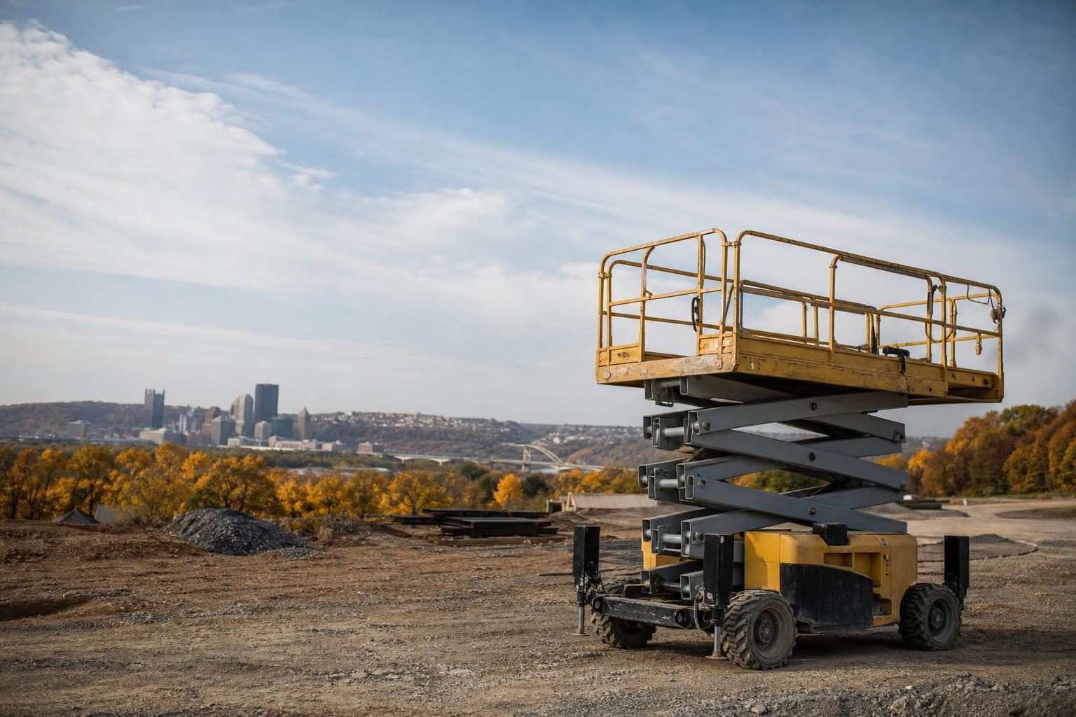 Scissor lifts at a commercial worksite, illustrating scissor lifts financing in pennsylvania