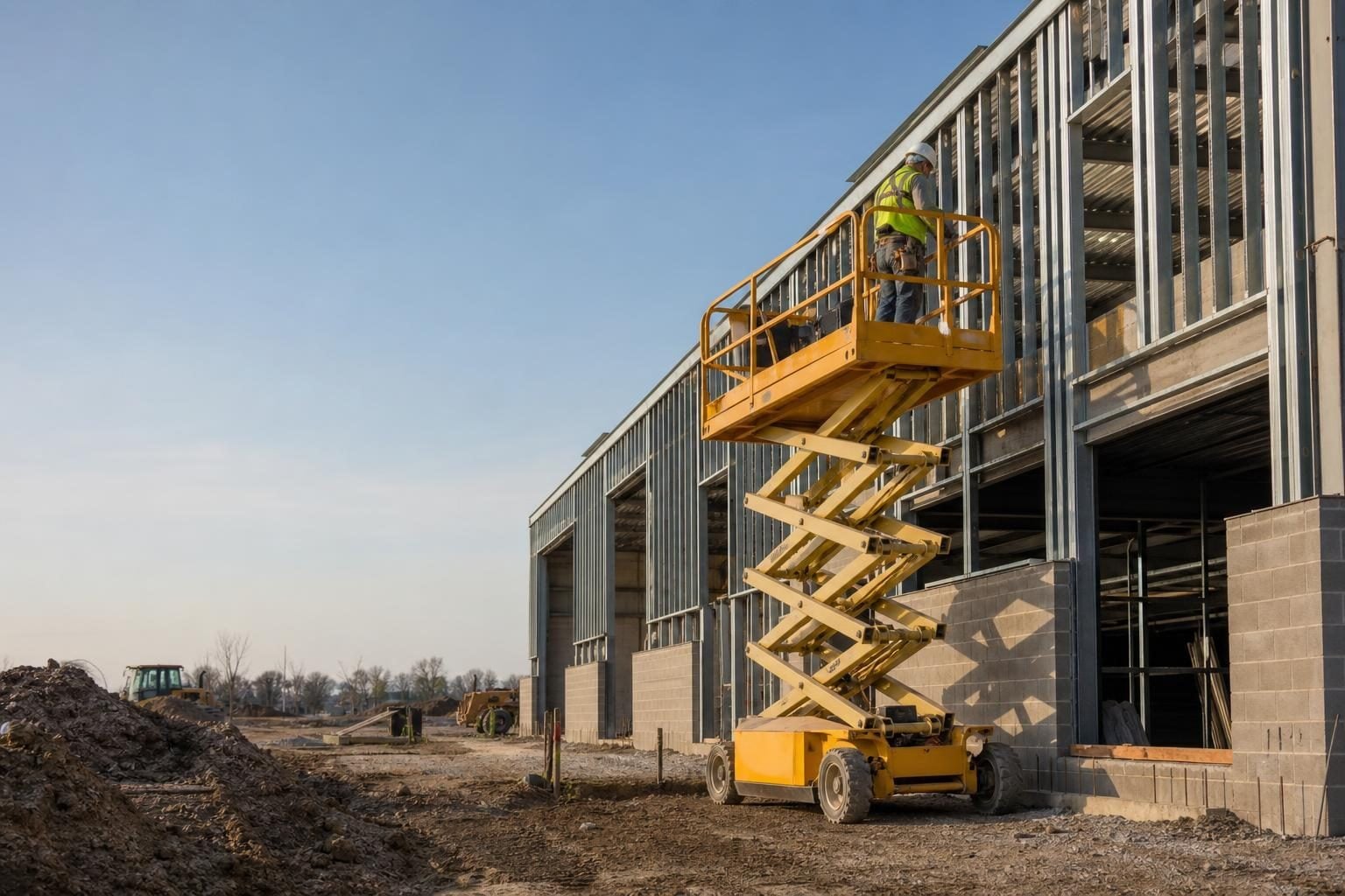 Scissor lift at a commercial worksite, illustrating scissor lifts financing rates: what to expect