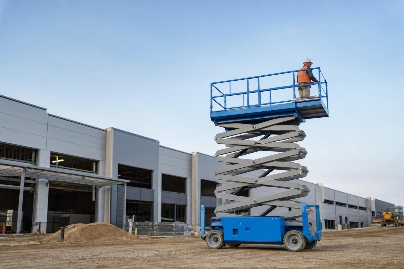 Scissor lift at a commercial worksite, illustrating scissor lifts financing with no down payment: what to expect