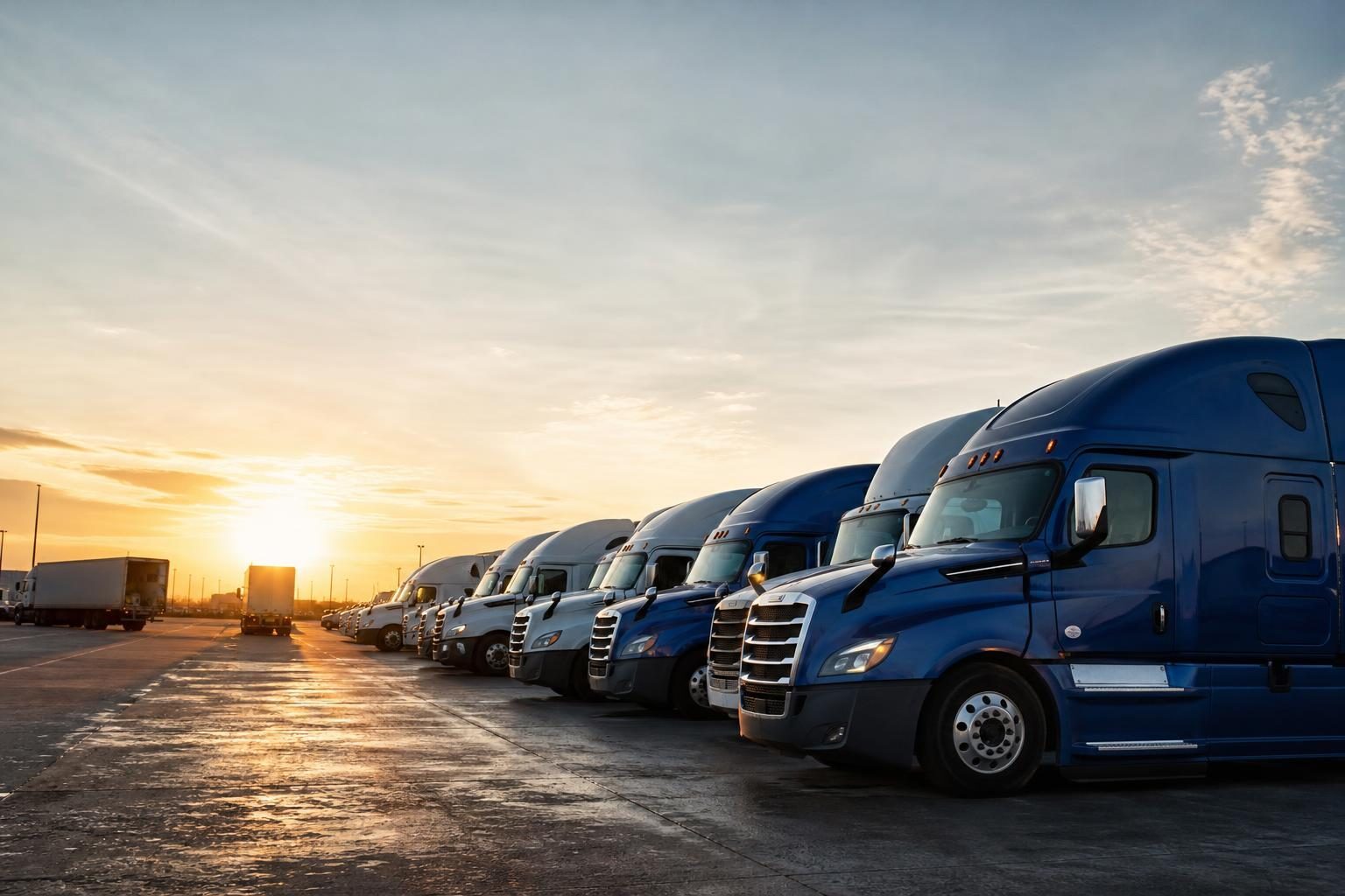 Semi trucks at a commercial worksite, illustrating semi trucks financing rates: what to expect