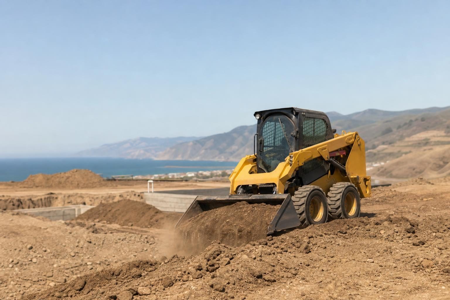 Skid steer loader at a commercial worksite, illustrating skid steers financing in california