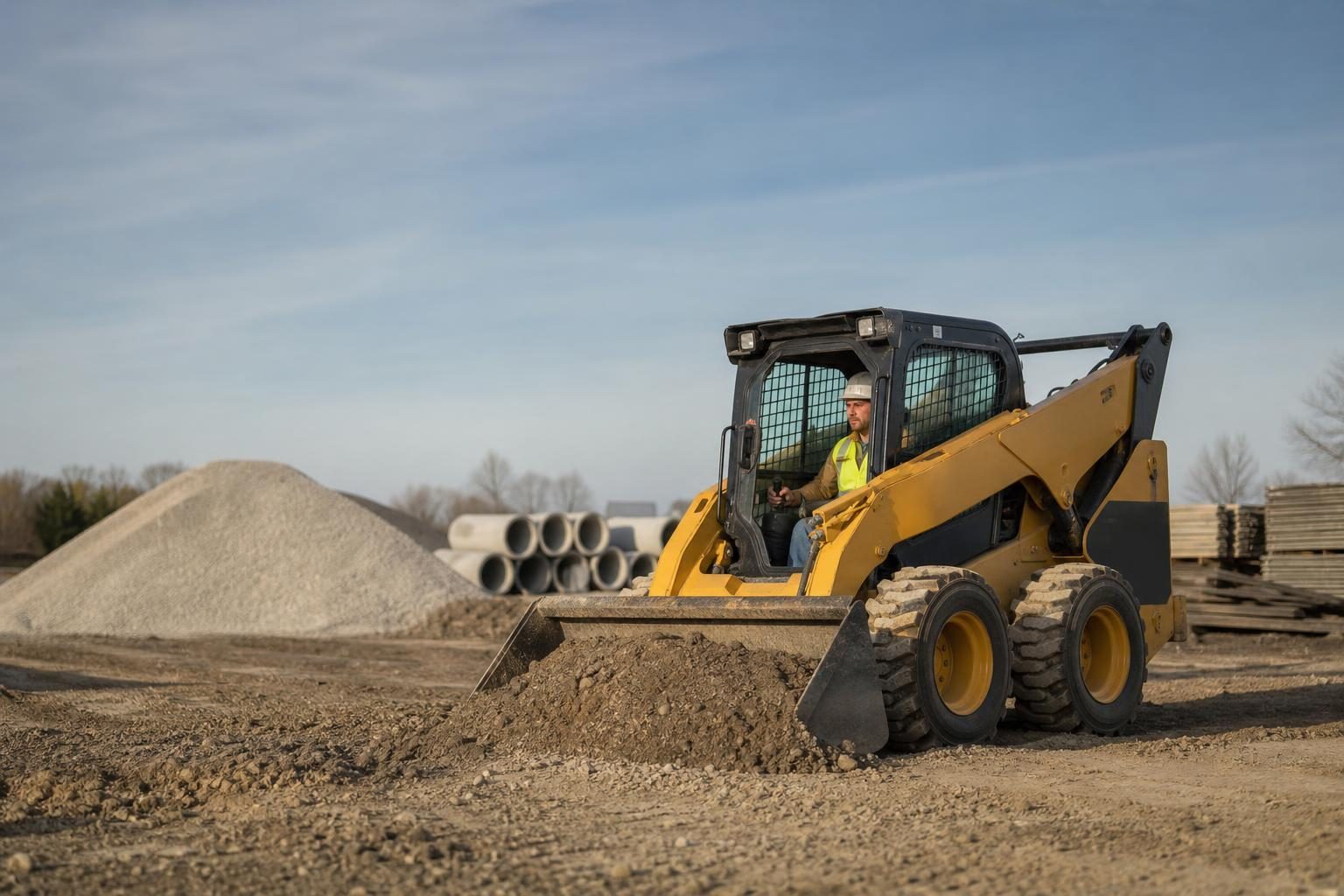 Skid steer loader at a commercial worksite, illustrating skid steers financing requirements: what to expect