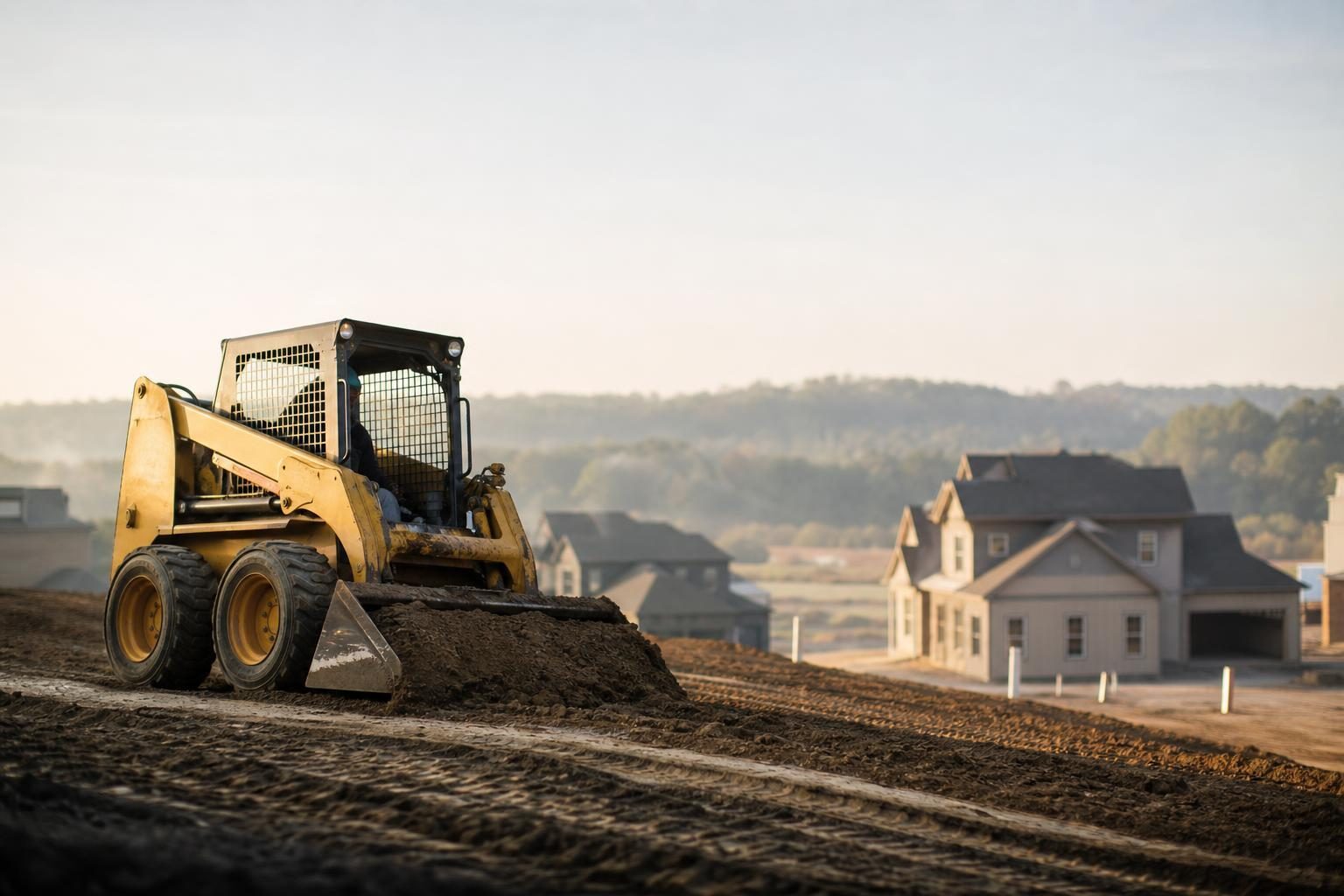 Skid steer loader at a commercial worksite, illustrating skid steers financing startup business: what to expect