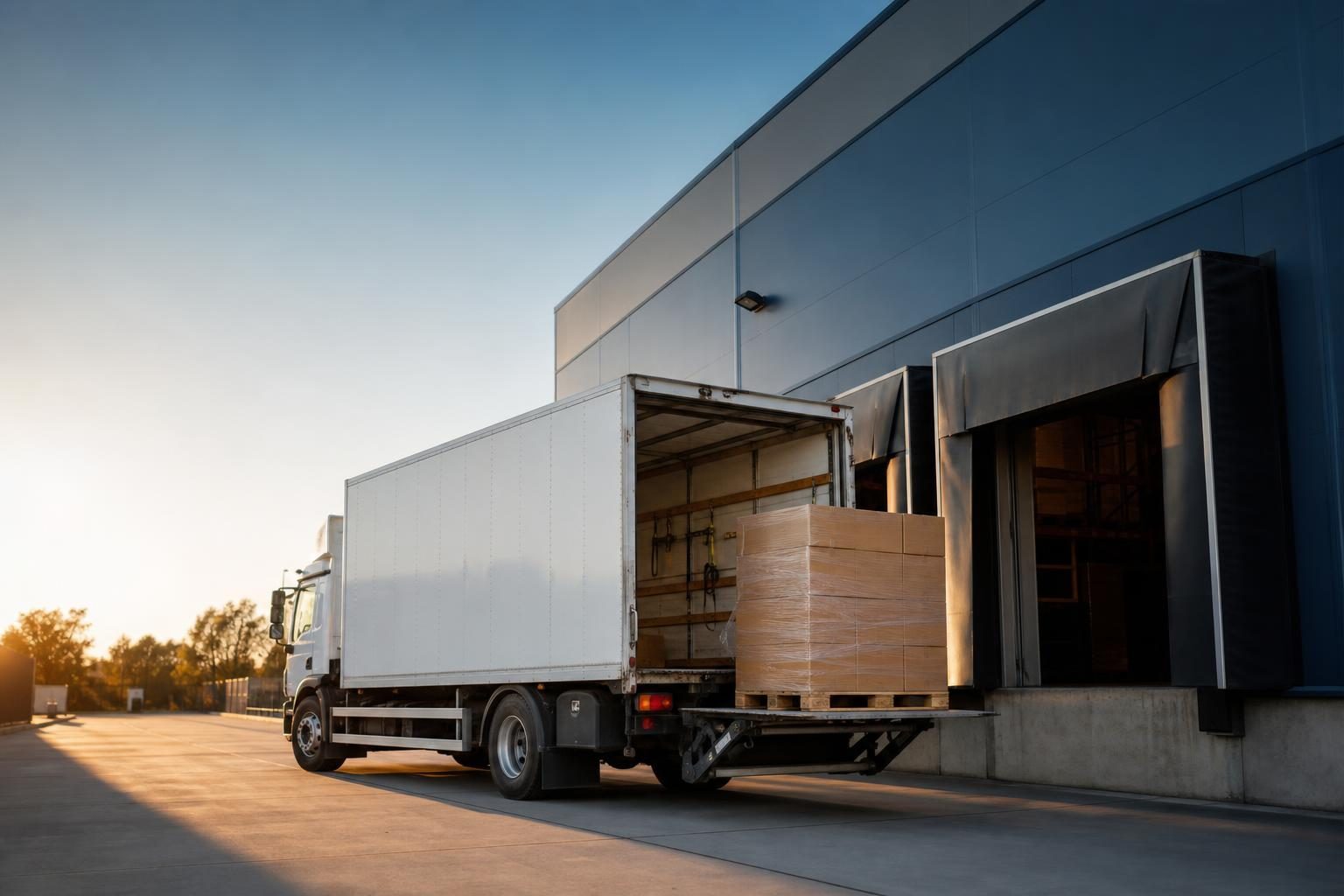 Commercial box truck at a commercial worksite, illustrating transportation equipment financing no money down